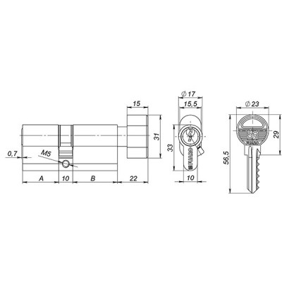 Цилиндровый механизм Fuaro (Фуаро) с вертушкой 100 ZM 60 mm (25+10+25) AB бронза 5 кл.